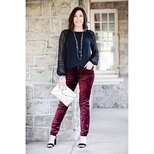 J.Crew Holiday Velvet Mid-Rise Skinny Stretch Jeans Pants‎ Wine 32